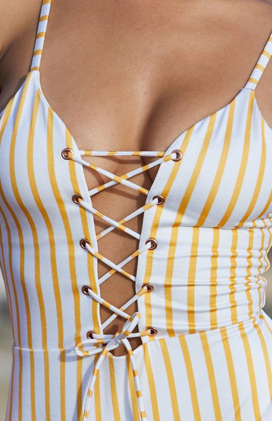 Yellow Striped  Sexy Backless Strap One-piece Swimsuit