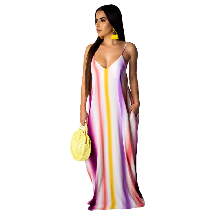 Women's Casual stripe Maxi Dress Sleeveless Plus Size Sundress