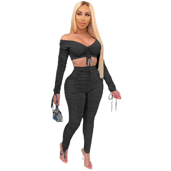 Pleated Breast Wrap Casual two piece sets women