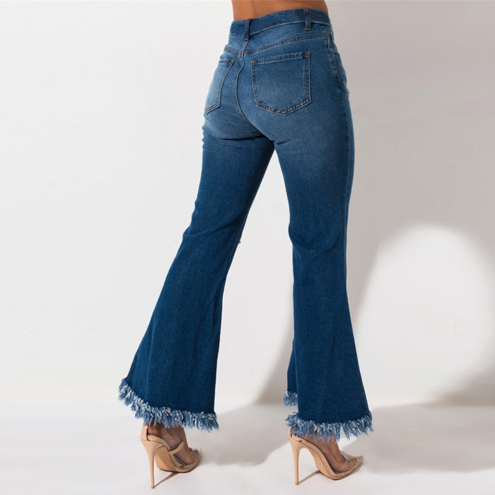 Wide Leg Fashion Jeans Pants Women Cotton Hem Flare Denim Pants