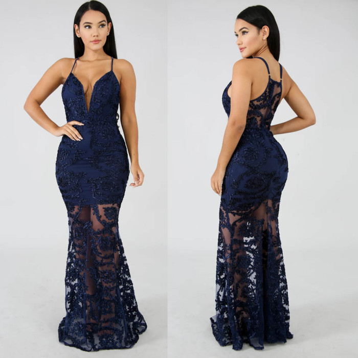 Mesh Sling V Chest Tube Top Mermaid Evening Dress