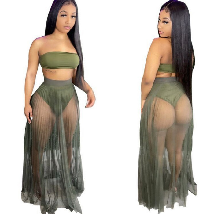 Two-piece Pleated Mesh See-through Breast Wrap Suit