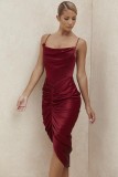 Pure Color Halter Pleated Pile Neck Party Midi Dress