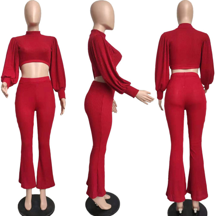 Knitted Lantern Sleeve Flared Pants Suit