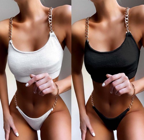 Solid Color Two Piece Chains Swimwear