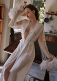 Satin Stitching Mesh Feather Cuffs Lace-up Long Nightgown