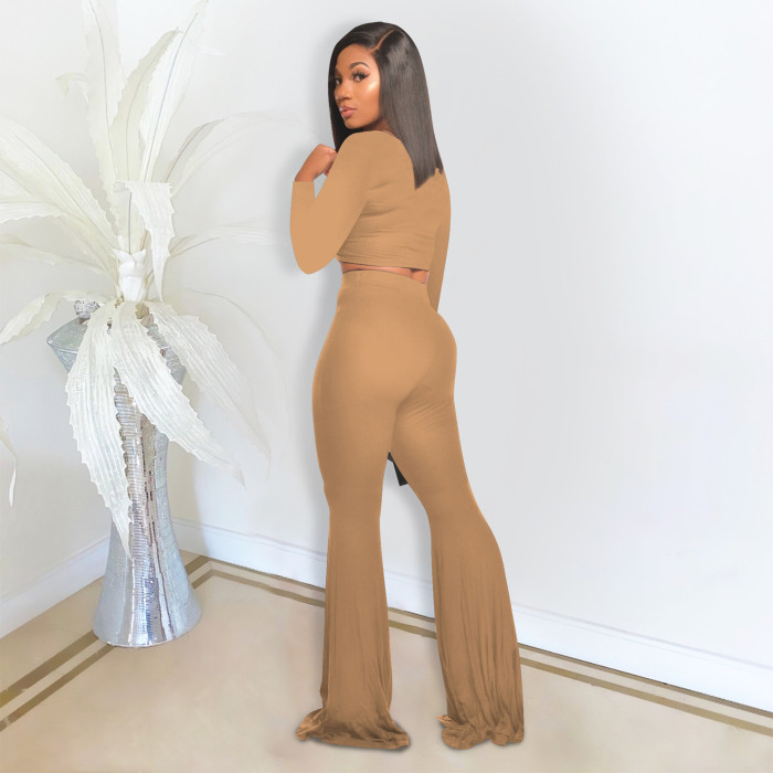 rib outfit 2 piece crop top and flare pant set