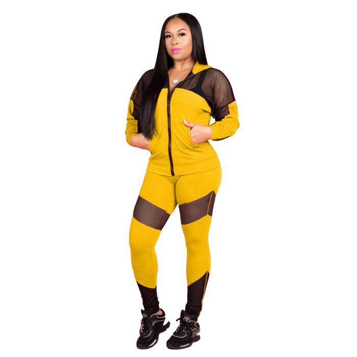 Mesh Stitching Hooded Two-Piece Sportwear