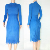 Elegant Plain Color Long Pleated Knitting Dress