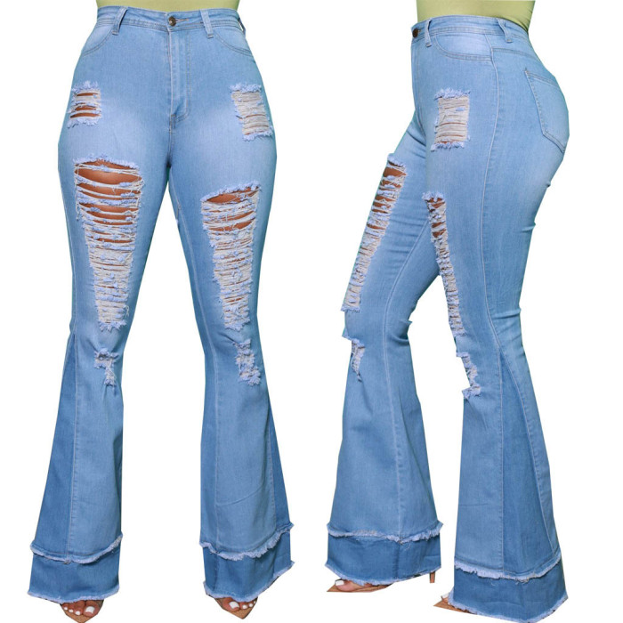 Patchwork Ripped Stretch slim Flared Jeans