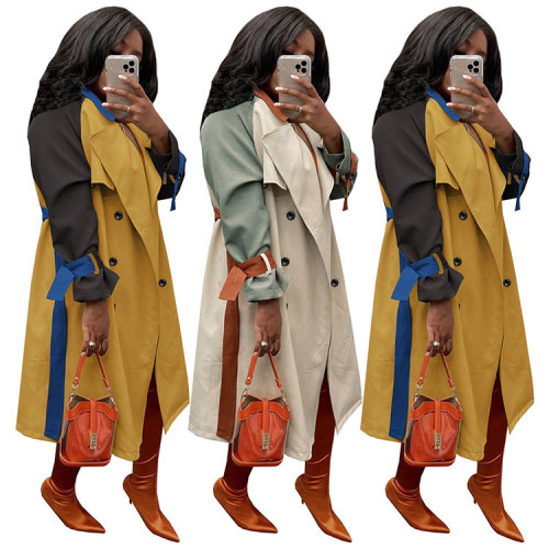 Color Block Women Windbreaker Long Coat