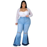 Plus Size Ripped Splicing Bell Bottom Denim Pants