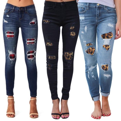 Fashion Skinny Light Blue Denim Pants Ripped Distressed Women's Jeans