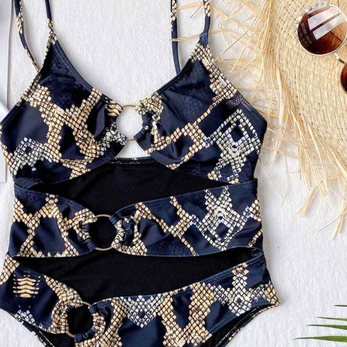 One-Piece Print Strap Cut Out Metal Ring Swimwear