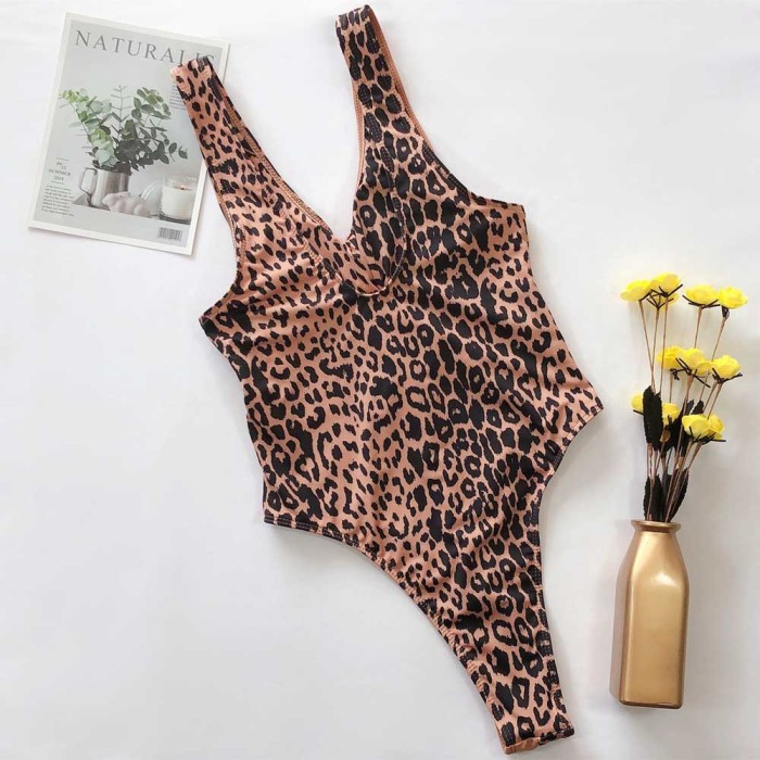 Women Swimwear One Piece Swimsuit Bodysuit Leopard Bather Beachwear