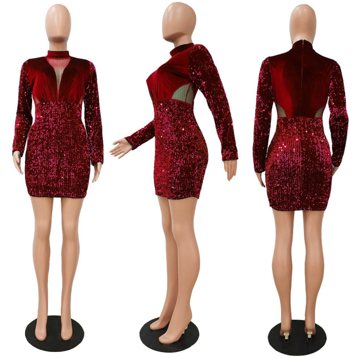 Women Thick Velvet Stitching Sequin Dress