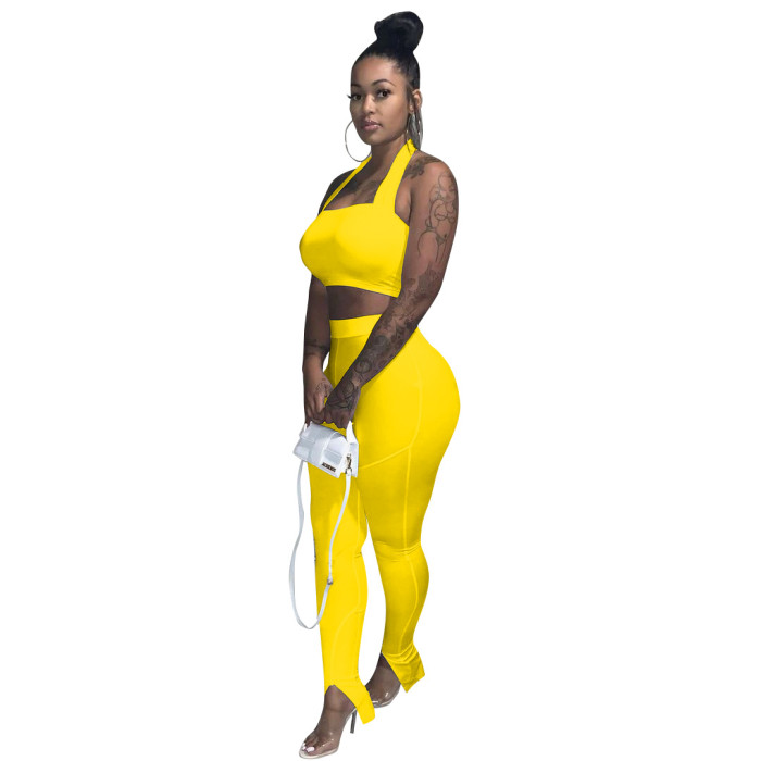 Pure Color Hanging Neck Tube Top  And Split Trousers Suit