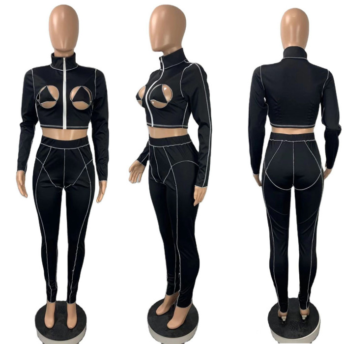 Fashion Sexy Hollow High Neck Tight Sports Suit