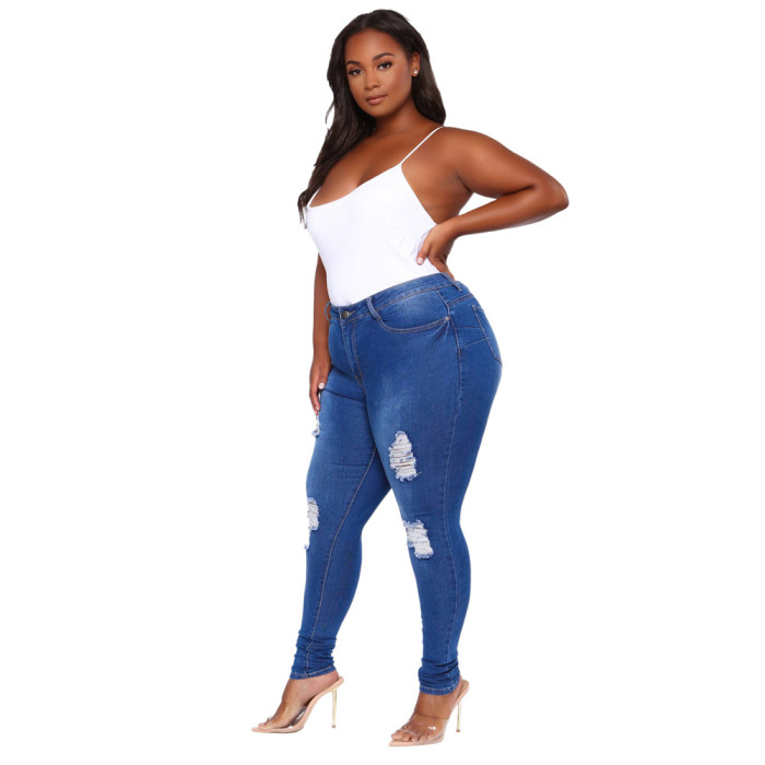 Plus Size Cut Out Distressed Ripped Pockets High Waisted Long Jeans