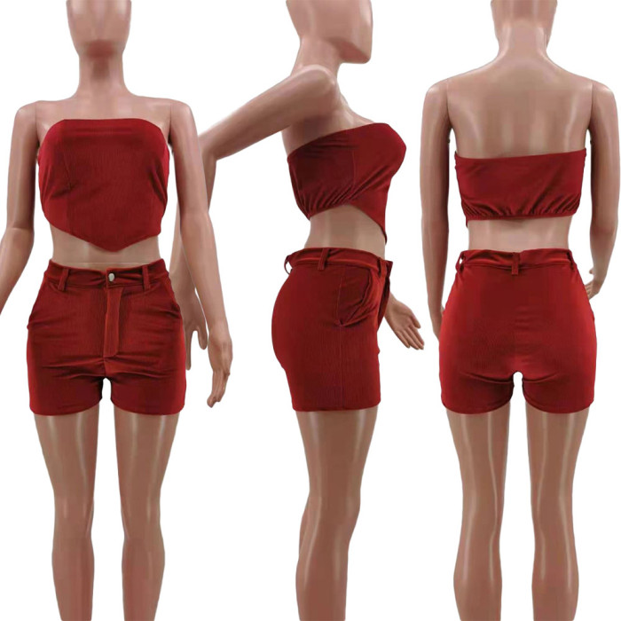 Two-piece Solid Color Wrapped Chest Shorts Suit