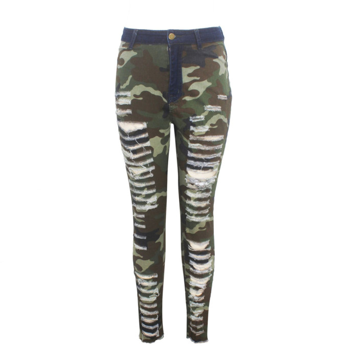 Destroyed High Waist Skinny Camouflage Jeans