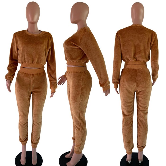 Casual Long Sleeves Plush Crop Top and Pants