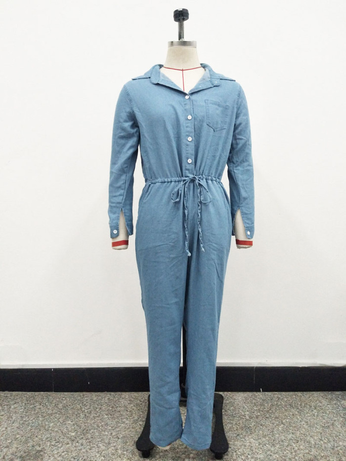 Blue Denim Fabric Long Sleeve Casual Jersey Jumpsuit