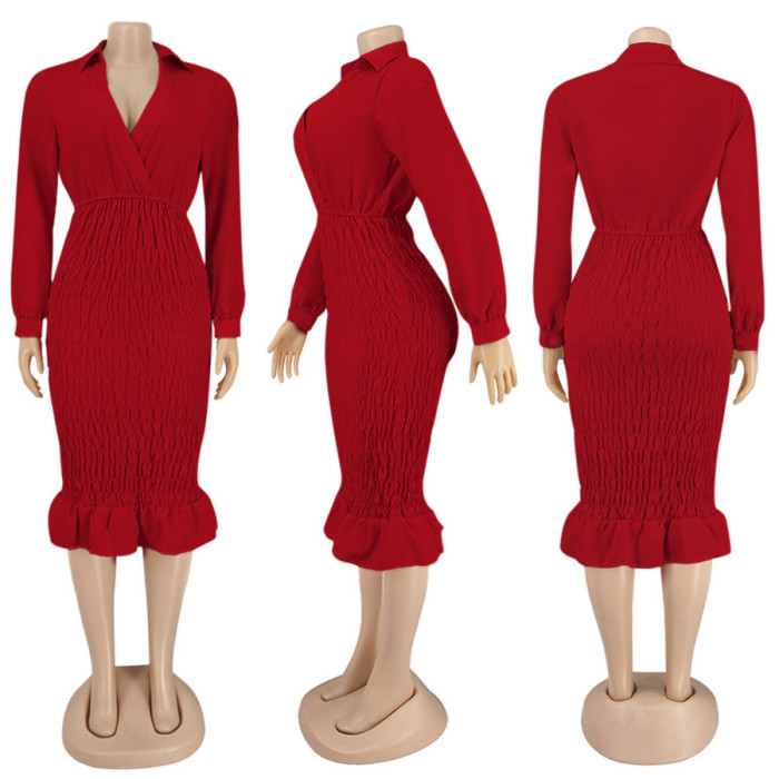 V-neck Long Sleeve Ladies Pleated Dress