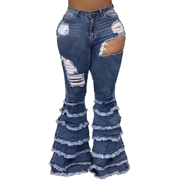 Autumn Stylish Cut Out Tassels Flare Jeans