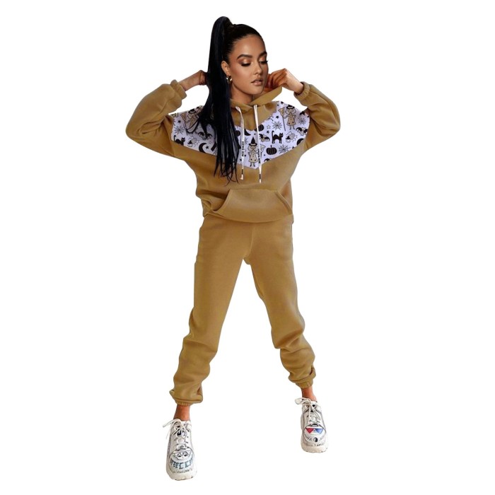 print hoodies and sweat pant two piece tracksuit