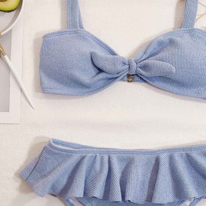 Two Piece Solid Color Knotted Swimwear