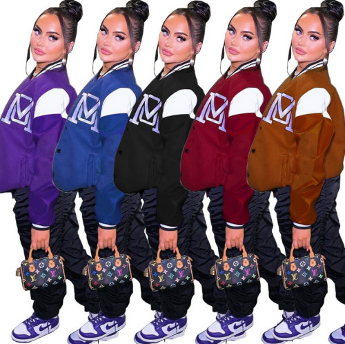 Solid Color Stitching Letter Offset Printing Baseball Jacket