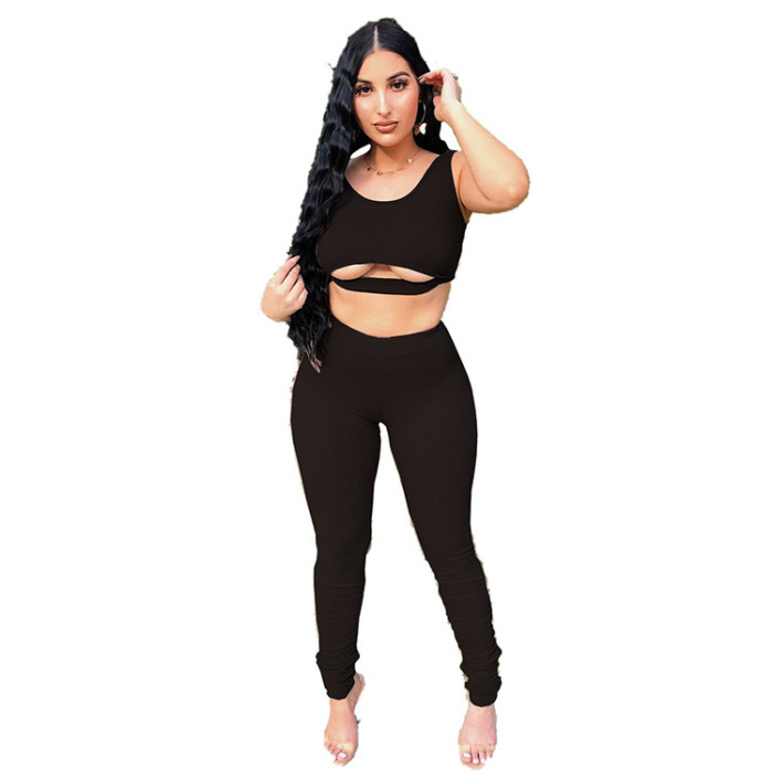 rib knit sexy tank top and pant 2 piece clothes