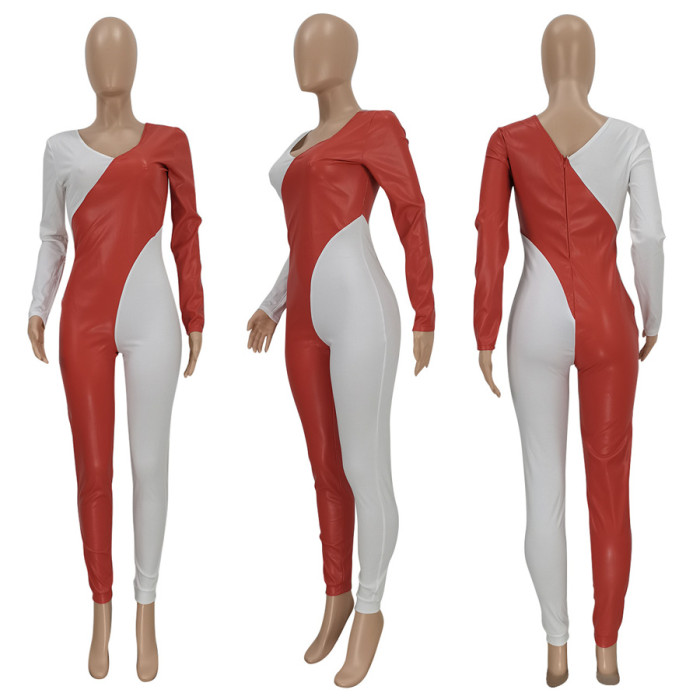 Women Red and White Solid Color PU Stitching Jumpsuit