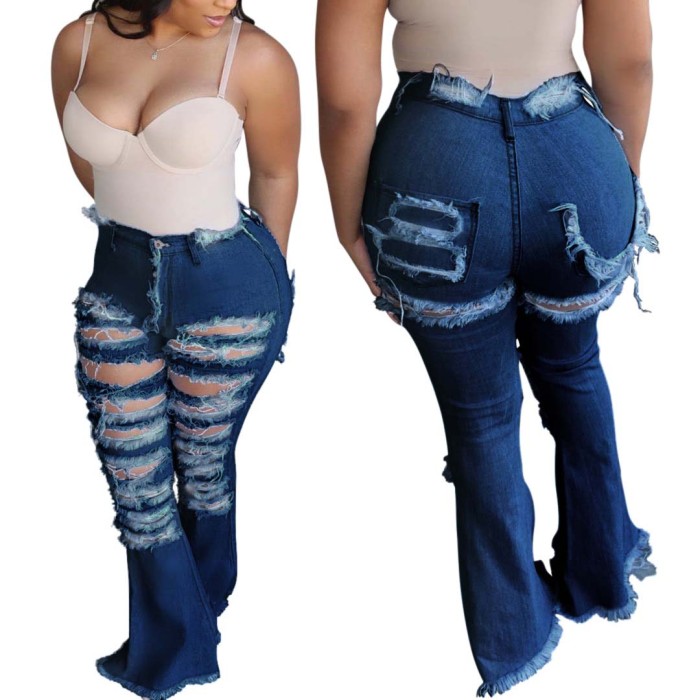 Ripped Washed High Waist Stretch Flared Jeans