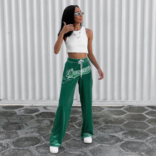 Velvet Solid Color Letter Mid-waist Lace-up Trousers