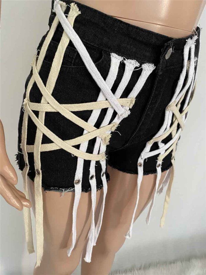 drawstring bandage women denim jean shorts