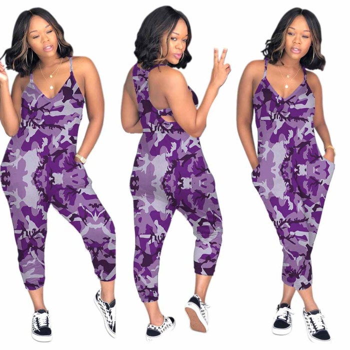 Nine pants Camouflage Printed V Neck women's sleeveless jumpsuits for summer