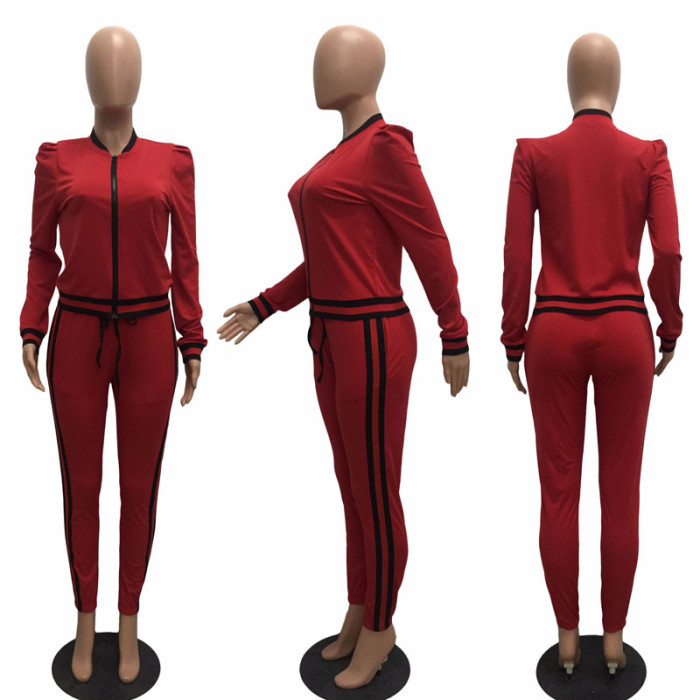 Leisure Round Neck Zipper Red Cotton Two-piece Pants Sportswear Set LE6834-2