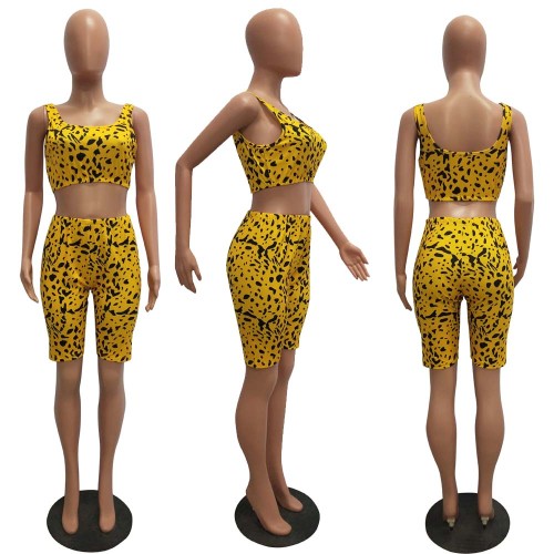 Various animal skin patterns Women's navel vest high waist tight shorts casual 2 piece set