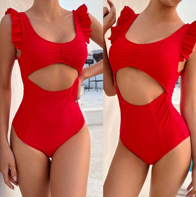 cut out one piece ruffle bathing suit