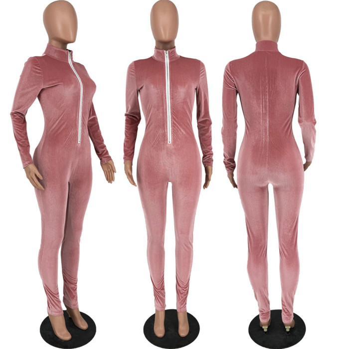 Women Velvet zipper jumpsuit