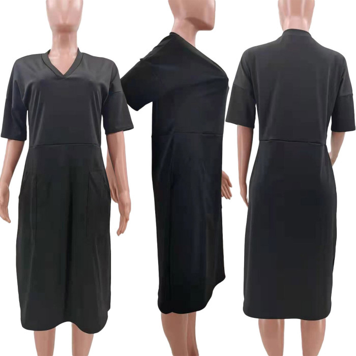 Loose Solid Color V-neck Casual Dress