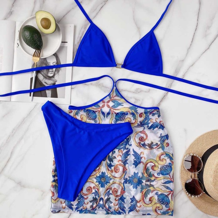 High Cut 3PC Retro Blue Swimwear with Cover-Up