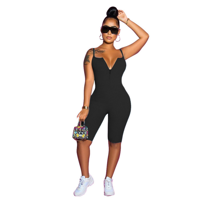 Casual Knitted Sling Solid Color Front zip Romper