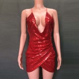 Sequins Deep-V Straps Wrap Party Dress