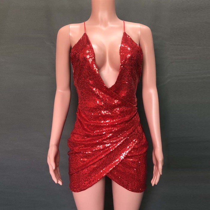 Sequins Deep-V Straps Wrap Party Dress