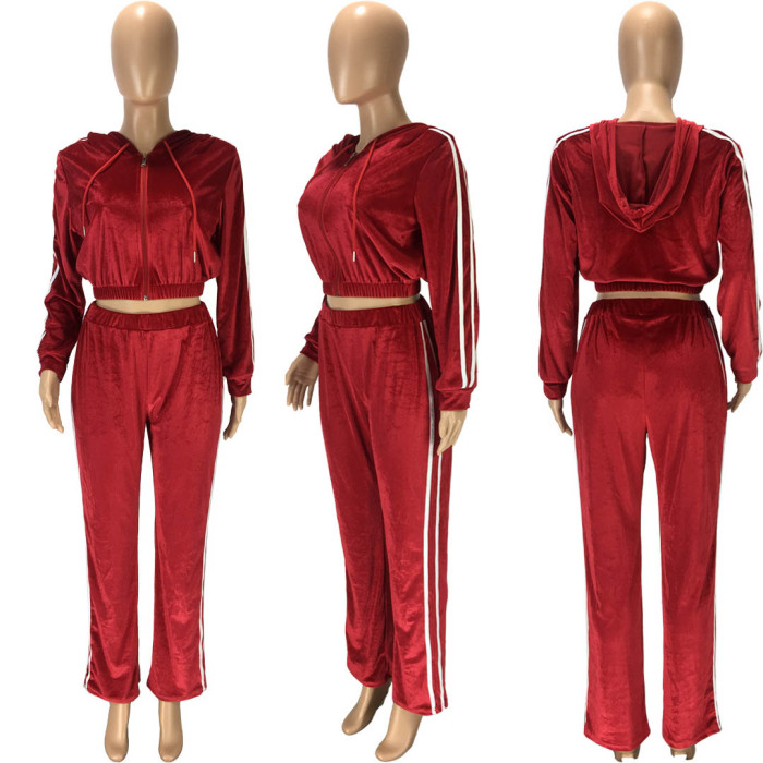 Pure Color Velvet Webbing Stitching Loose Sports Two-piece Suit