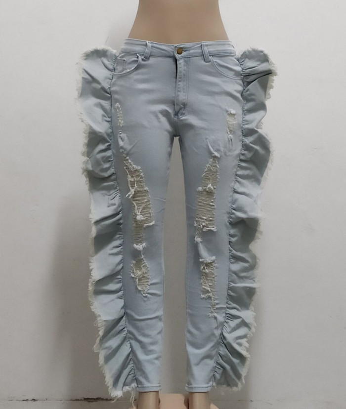 LT-Blue Ripped Side Ruffles Flare Jeans