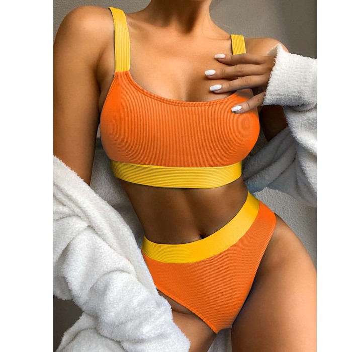 Rib Solid Color Bikini Swimsuit